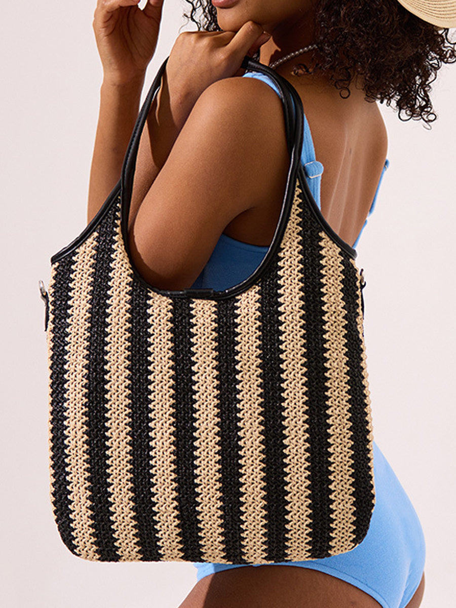 Bolso bandolera vintage de paja con rayas en contraste para mujer