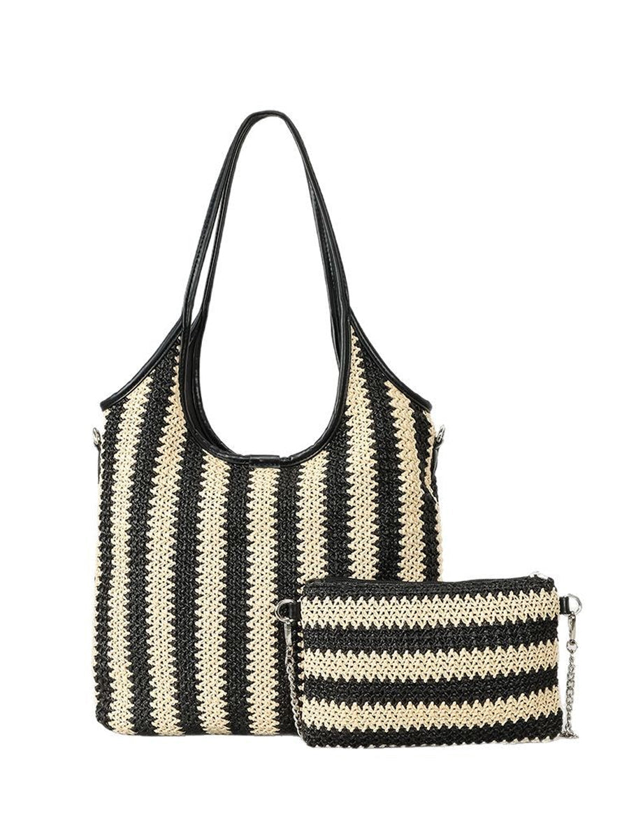 Bolso bandolera vintage de paja con rayas en contraste para mujer