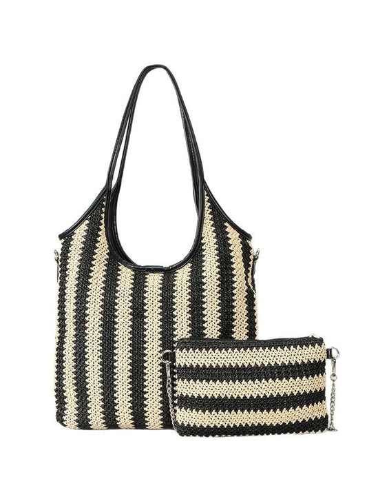 Bolso bandolera vintage de paja con rayas en contraste para mujer