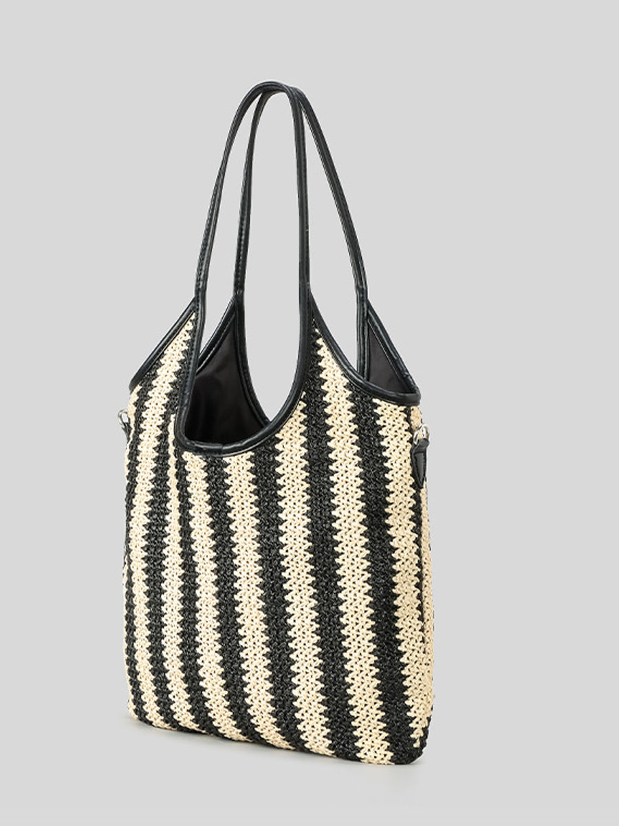 Bolso bandolera vintage de paja con rayas en contraste para mujer